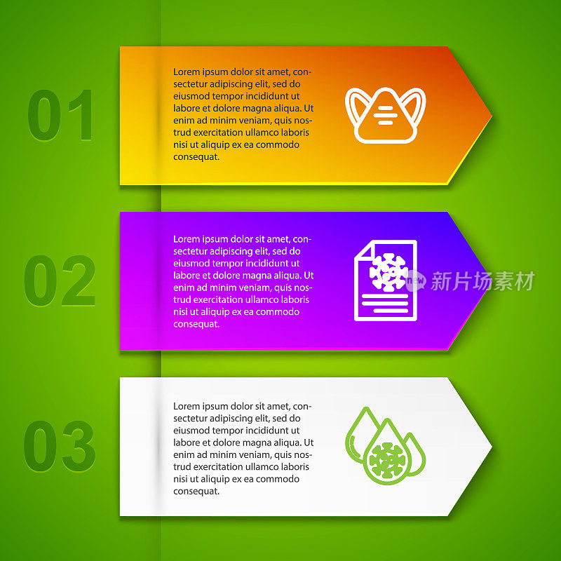 Set line Medical protective mask, Clipboard with blood test results, Blood and virus and Earth medical. Business infographic template. Vector